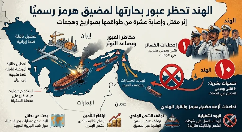 الهند تحظر عبور بحارتها لمضيق هرمز رسميا إثر مقتل وإصابة عشرة من طواقمها بصواريخ