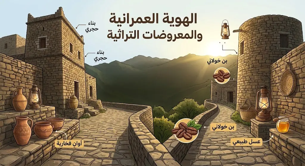 تصميم إنفوجرافيك يوضح الهوية العمرانية لسوق النفيعة بمبانيه الحجرية ومنتجاته التراثية مثل البن الخولاني والعسل والأواني الفخارية.