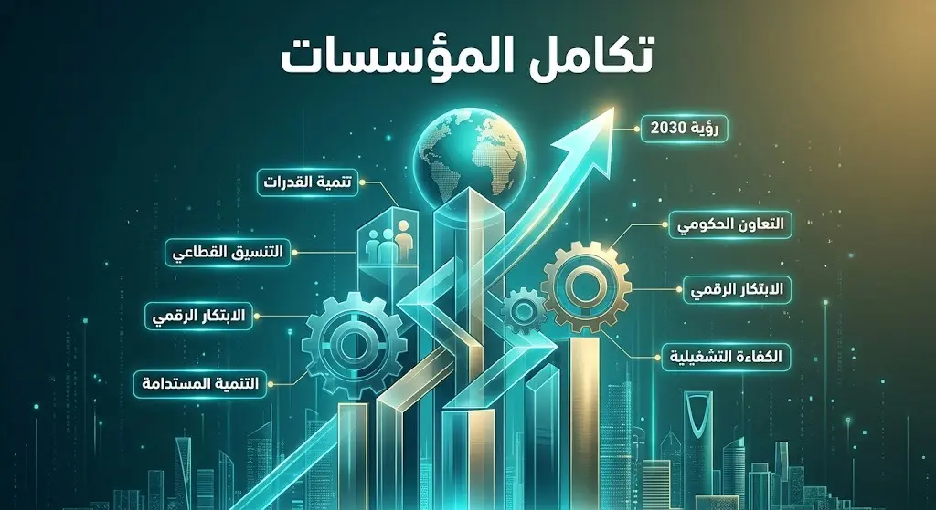 تصميم تعبيري يبرز مفهوم تكامل المؤسسات كركيزة أساسية للتنمية البشرية ودعم تطلعات رؤية 2030.
