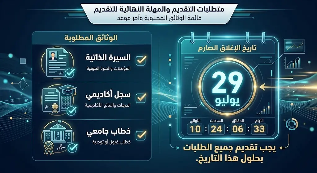 تصميم مرئي يعرض الوثائق الثلاث المطلوبة للتقديم وتاريخ إغلاق استقبال الطلبات في 29 يوليو.