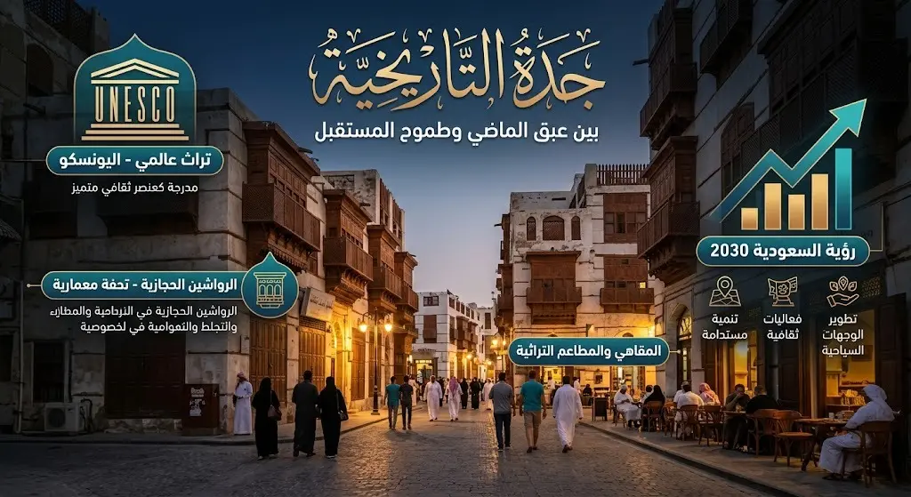 لوحة بصرية تجمع بين سحر المباني التراثية في منطقة البلد بجدة وعناصر إنفوجرافيك تبرز مكانتها العالمية ضمن رؤية 2030.