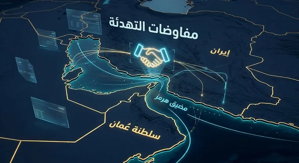 إنفوجرافيك لخريطة ثلاثية الأبعاد لمضيق هرمز توضح مسار الوساطة الدبلوماسية بين سلطنة عُمان وإيران بخطوط مضيئة.