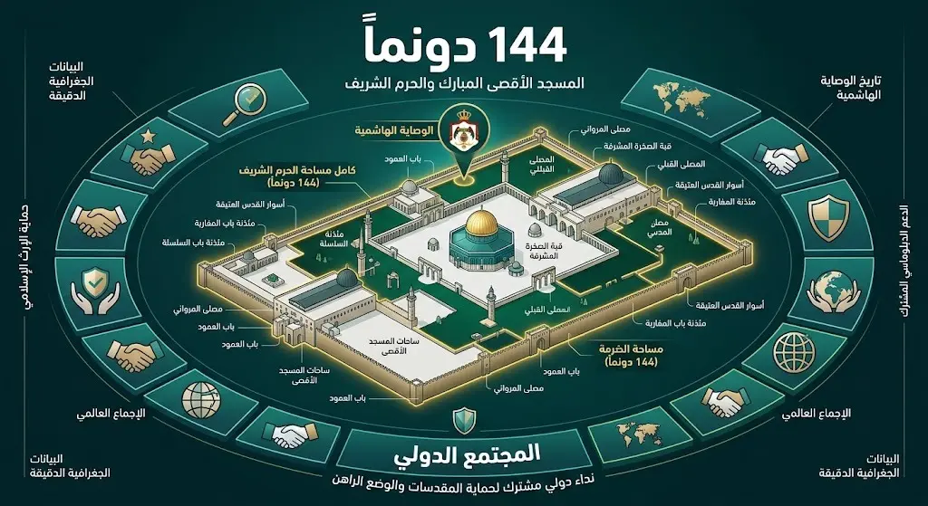 إنفوجرافيك يبرز مساحة المسجد الأقصى البالغة 144 دونماً ودور الوصاية الهاشمية مدعومة بموقف دولي موحد
