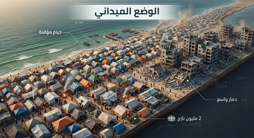 مشهد إيزومتري تعبيري يجسد الكثافة السكانية في قطاع غزة والنزوح الواسع نحو الخيام المؤقتة على الشريط الساحلي وسط المباني المدمرة.