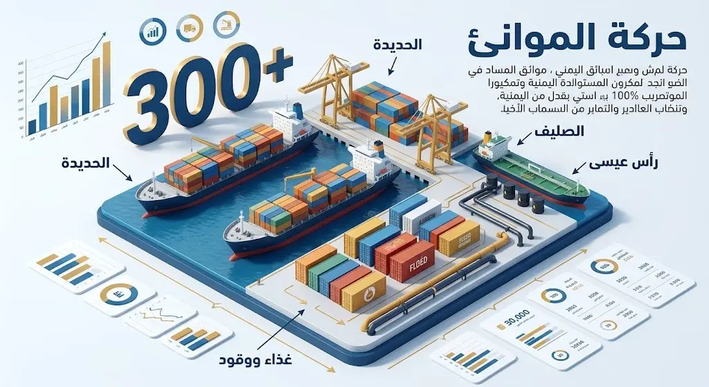 إنفوجرافيك يوضح استمرار تدفق البضائع إلى الموانئ اليمنية، مع إبراز رقم 300 للإشارة إلى عدد السفن التجارية وأنواع الحمولات.