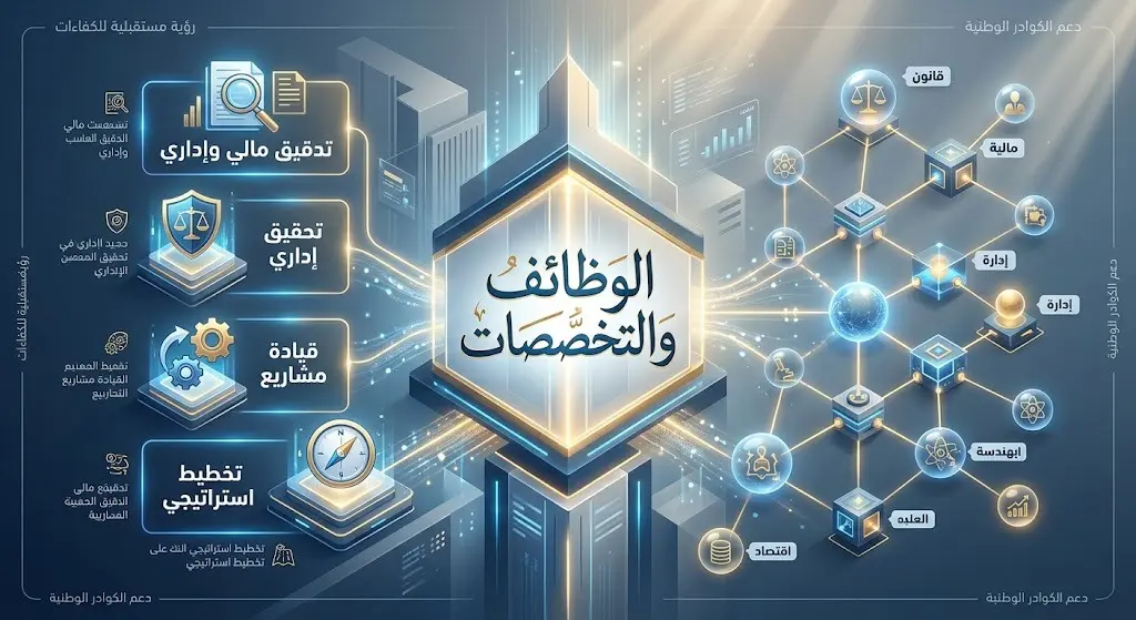 إنفوجرافيك استعراضي يوضح الوظائف الأربع الشاغرة في هيئة الزكاة والضريبة والجمارك، مقترنة بالتخصصات الإدارية والمالية والقانونية المطلوبة.