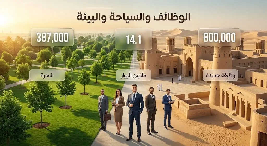 تصميم مرئي متطور يعرض المنجزات الوطنية في قطاعات العمل واستحداث الوظائف، وازدهار السياحة التراثية، والمشاريع البيئية للتشجير