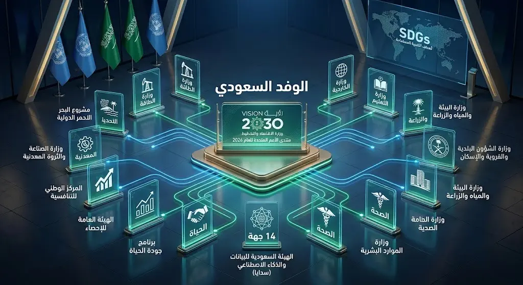 إنفوجرافيك شبكي يوضح هيكل الوفد السعودي المشارك في المنتدى السياسي الرفيع المستوى لعام 2026 والجهات الأربع عشرة الممثلة فيه.