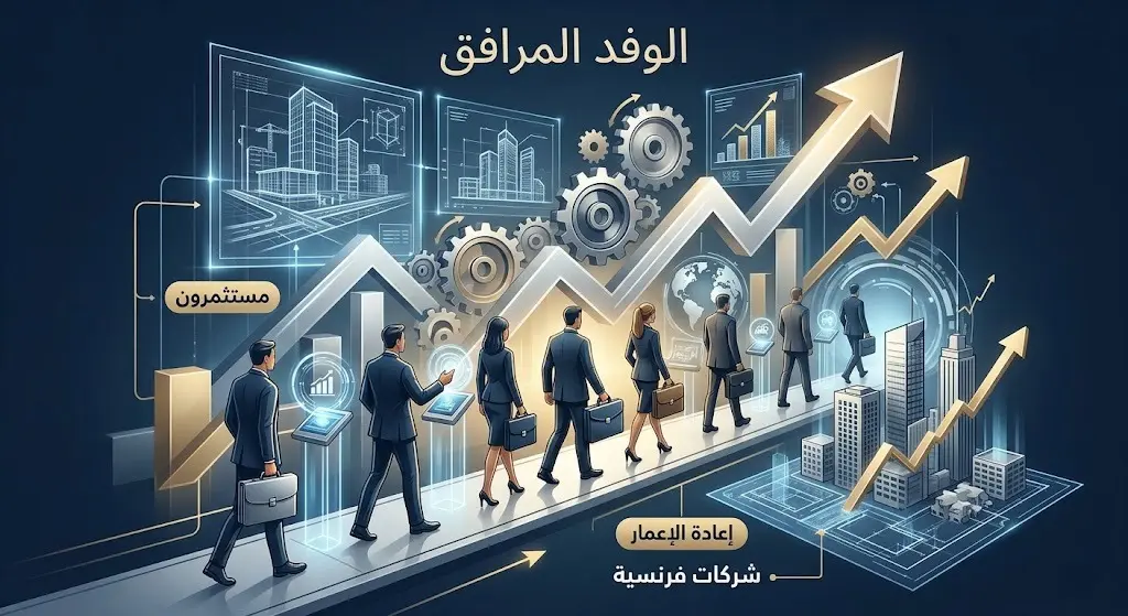 تصميم بصري يوضح طبيعة الوفد الفرنسي المرافق والذي يضم مستثمرين وممثلي شركات فرنسية