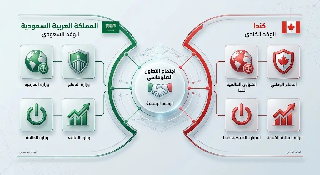 تصميم بصري متناظر يستعرض القطاعات والوزارات الممثلة في الوفود الرسمية السعودية والكندية، مع استخدام أيقونات لوزارات الدفاع، الخارجية، الطاقة، والمالية.