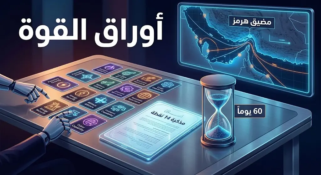 تصميم تعبيري يبرز أوراق القوة الأساسية في المفاوضات بما في ذلك مذكرة التفاهم ومضيق هرمز والمهلة الزمنية.