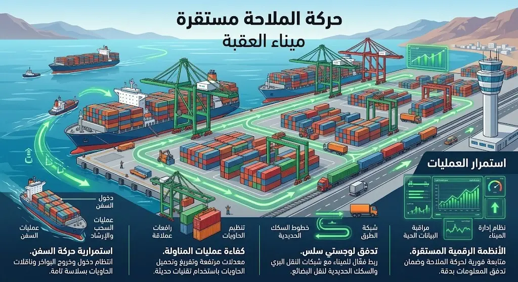 تصميم يوضح انتظام حركة الملاحة والشحن التجاري في ميناء العقبة وسط أجواء مستقرة.