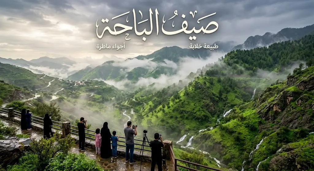 مشهد طبيعي خلاب لجبال الباحة تكسوها الخضرة الكثيفة والضباب أثناء هطول أمطار الصيف، مع تواجد زوار وهواة تصوير يوثقون الأجواء الساحرة.
