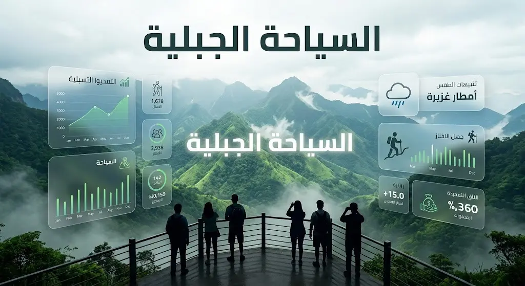 تصميم إنفوجرافيك مدمج مع صورة طبيعية لزوار يراقبون جبال فيفاء، يوضح انتعاش السياحة الجبلية وتنبيهات الطقس.