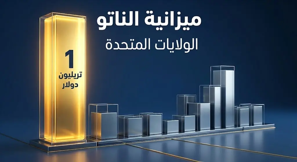 رسم بياني ثلاثي الأبعاد يقارن بين الإنفاق العسكري الضخم للولايات المتحدة الذي يتجاوز تريليون دولار ومساهمات باقي دول حلف الناتو.