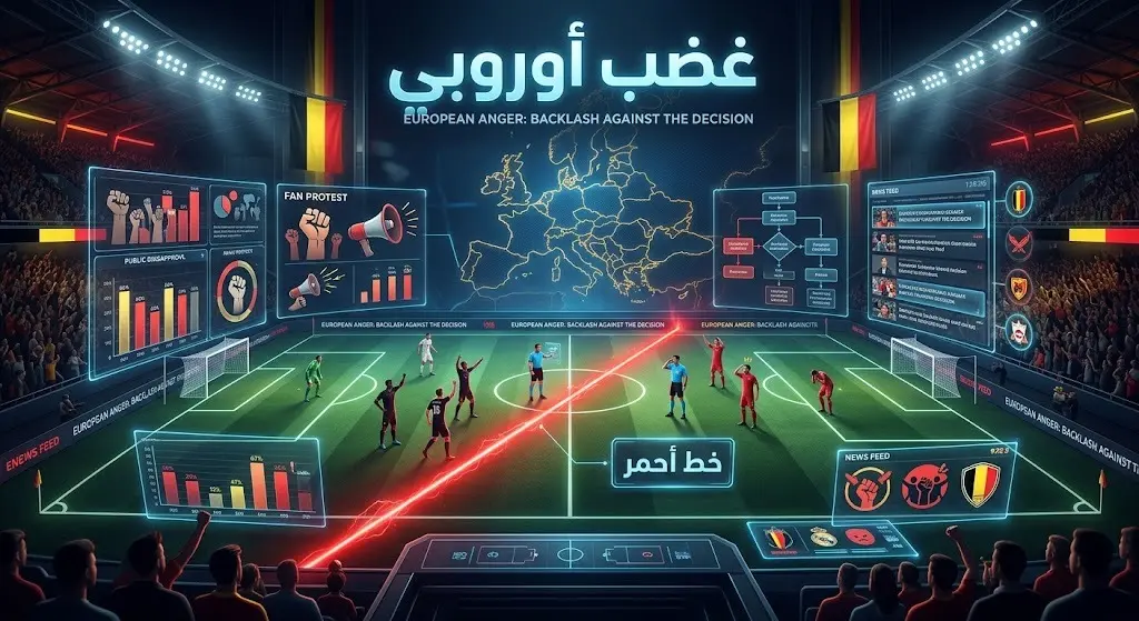 تصميم صحفي درامي يوضح الانتقادات الأوروبية الحادة واعتراض الاتحاد الأوروبي لكرة القدم وبلجيكا على قرار تعليق العقوبة.