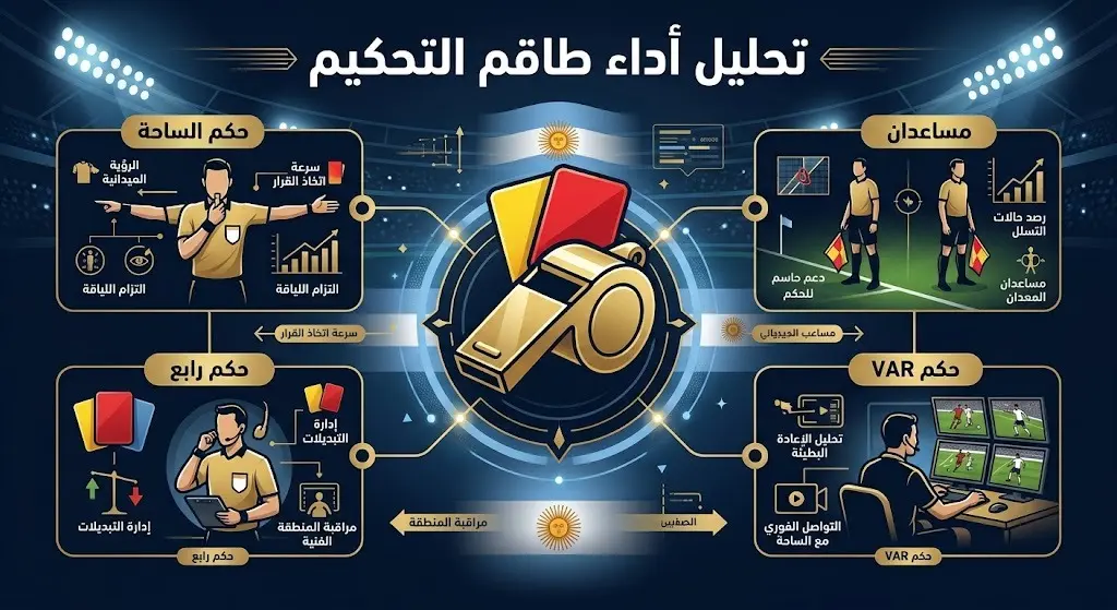 إنفوجرافيك يوضح تشكيل طاقم التحكيم الأرجنتيني بالكامل لمباراة فرنسا والمغرب وتوزيع المهام بينهم