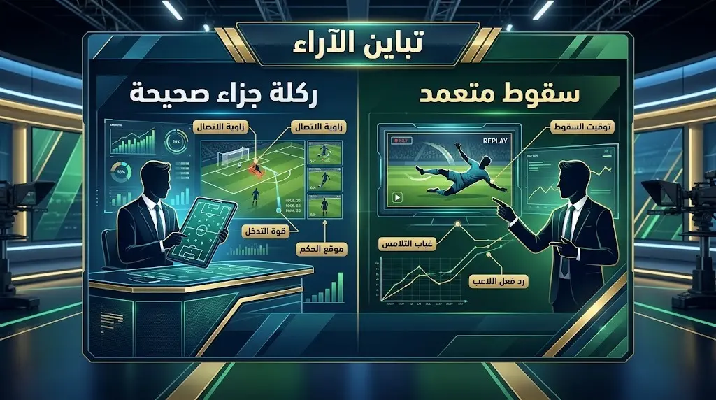 تصميم بياني يقارن بين آراء المحللين الرياضيين المنقسمة حول صحة قرار الحكم في مباراة إنجلترا والكونغو الديمقراطية