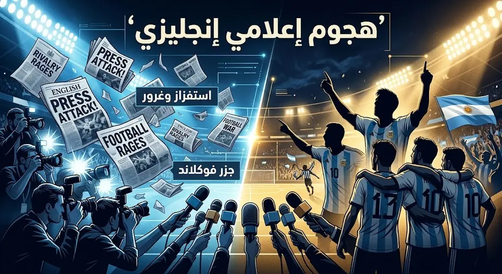 تصميم تعبيري يجسد الهجوم الإعلامي والصحفي البريطاني وتوجيه الانتقادات لسلوك لاعبي المنتخب الأرجنتيني عقب مباراة نصف نهائي كأس العالم.