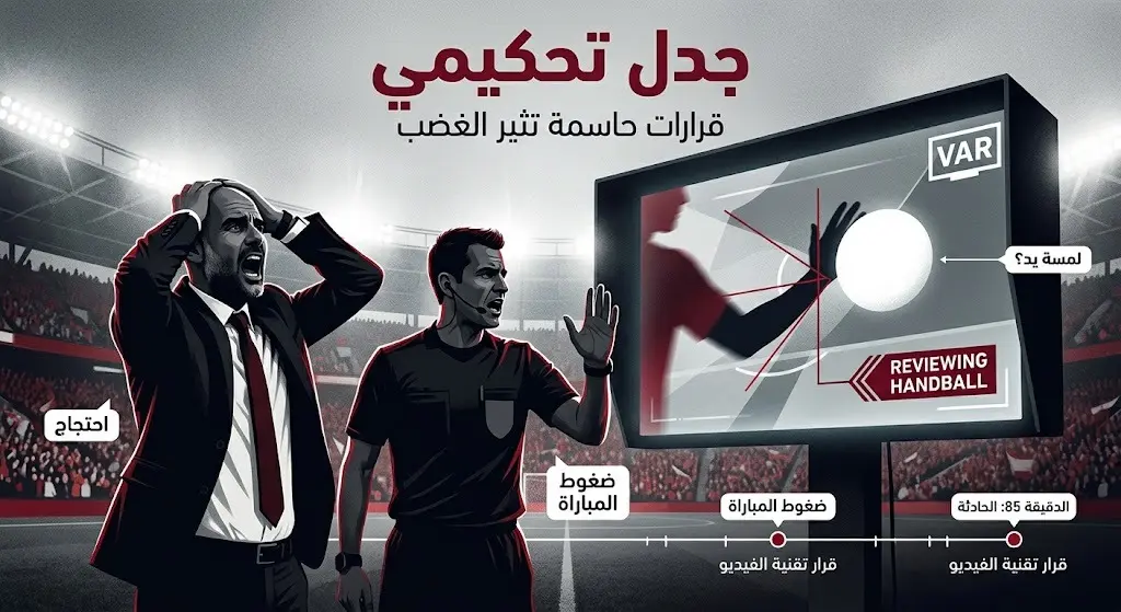 رسم تعبيري يظهر شاشة تقنية الفيديو (VAR) ومدرباً غاضباً، يعبر عن الاعتراضات البلجيكية على القرارات التحكيمية الجدلية.