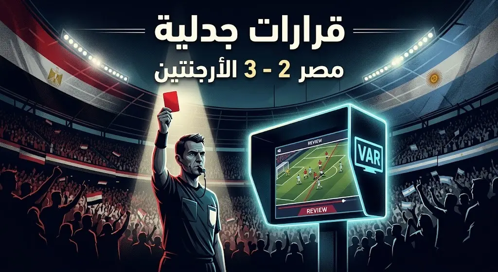 تصميم درامي يبرز الجدل التحكيمي في مباراة مصر والأرجنتين، يظهر فيه حكم يشير إلى قرار حاسم أو شاشة فار وسط أجواء مشحونة، مع نصوص عربية توضح النتيجة والقرارات الجدلية.