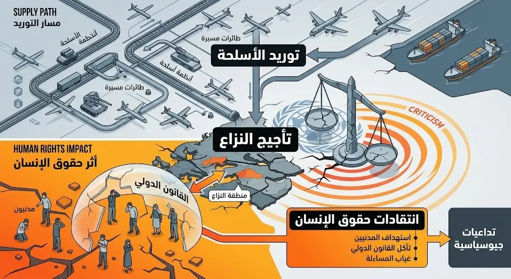 تصميم تعبيري يجسد الانتقادات الحقوقية لاستمرار التسليح وتدفق الطائرات المسيرة التي تؤجج الصراع متجاوزة القرارات الأممية.