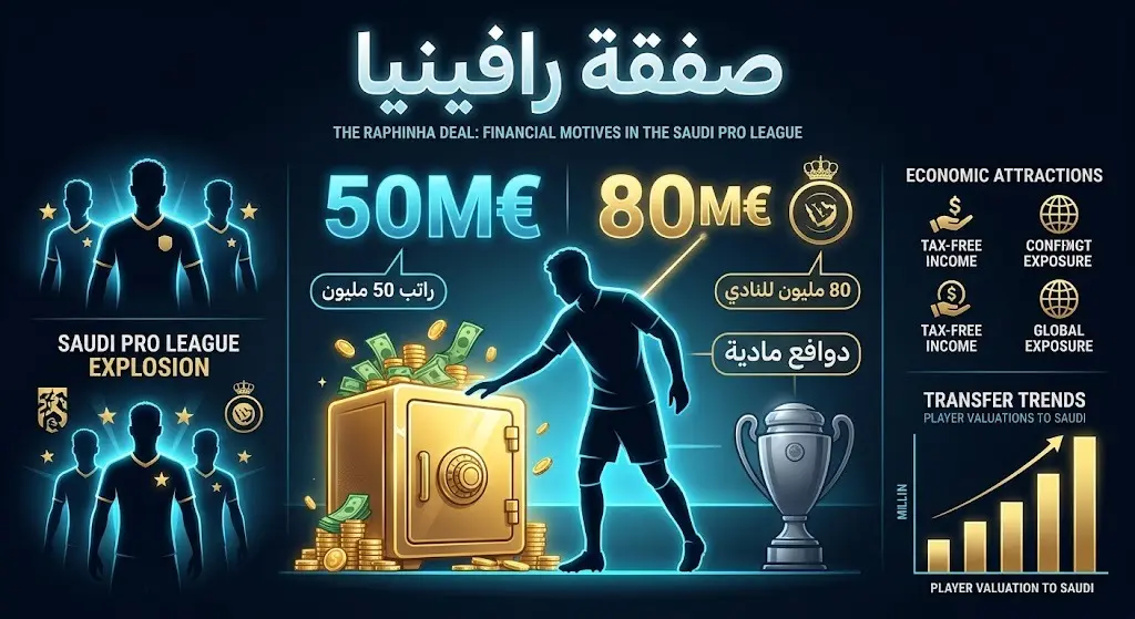 إنفوجرافيك تعبيري يوضح المبالغ المالية الضخمة المرتبطة بصفقة رافينيا، مبرزاً أرقام الراتب السنوي وقيمة شراء العقد مقابل التخلي عن الشغف الرياضي.