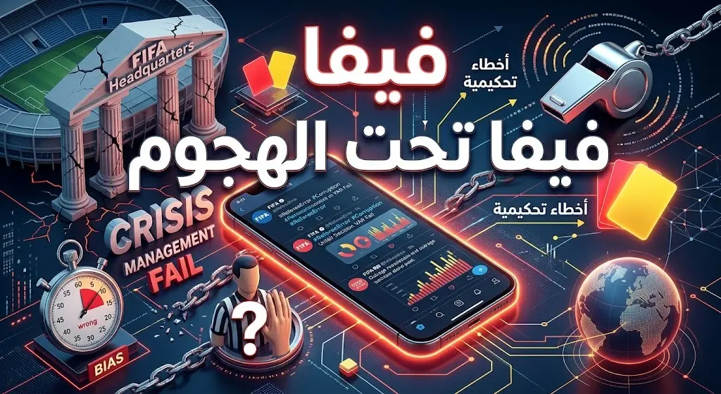رسم تعبيري يدمج بين منصات التواصل الاجتماعي وأدوات التحكيم مثل الصافرة والبطاقات الملونة، مع نصوص عربية تنتقد أداء الفيفا.