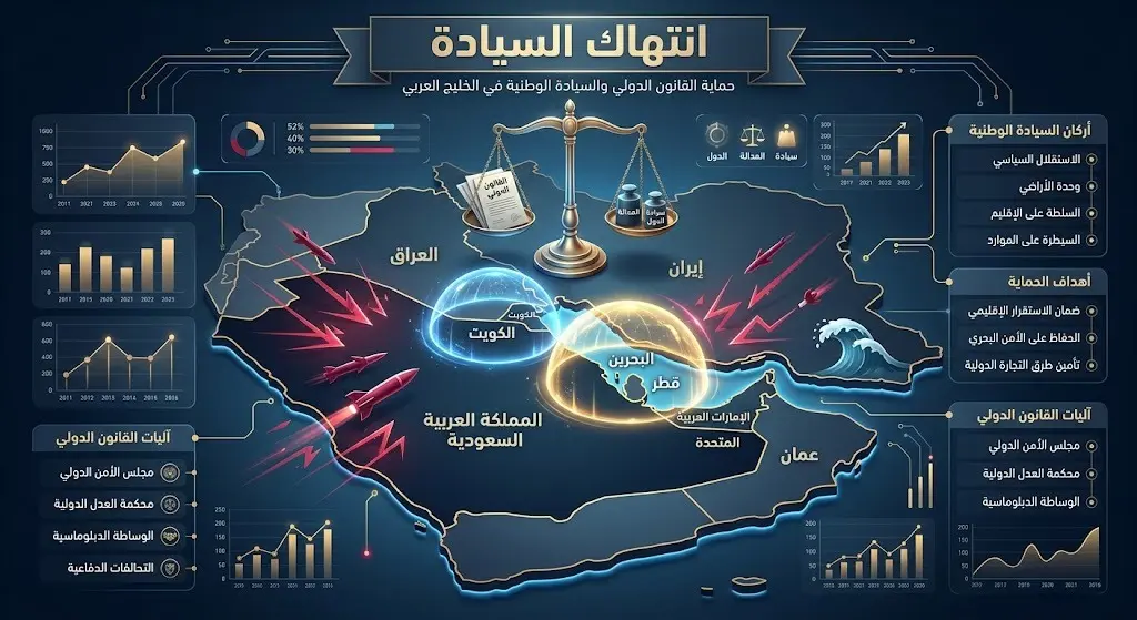 تصميم إنفوجرافيك تعبيري يجسد حماية سيادة مملكة البحرين ودولة الكويت تحت مظلة القانون الدولي، مع إبراز ميزان العدالة وخريطة الخليج العربي.