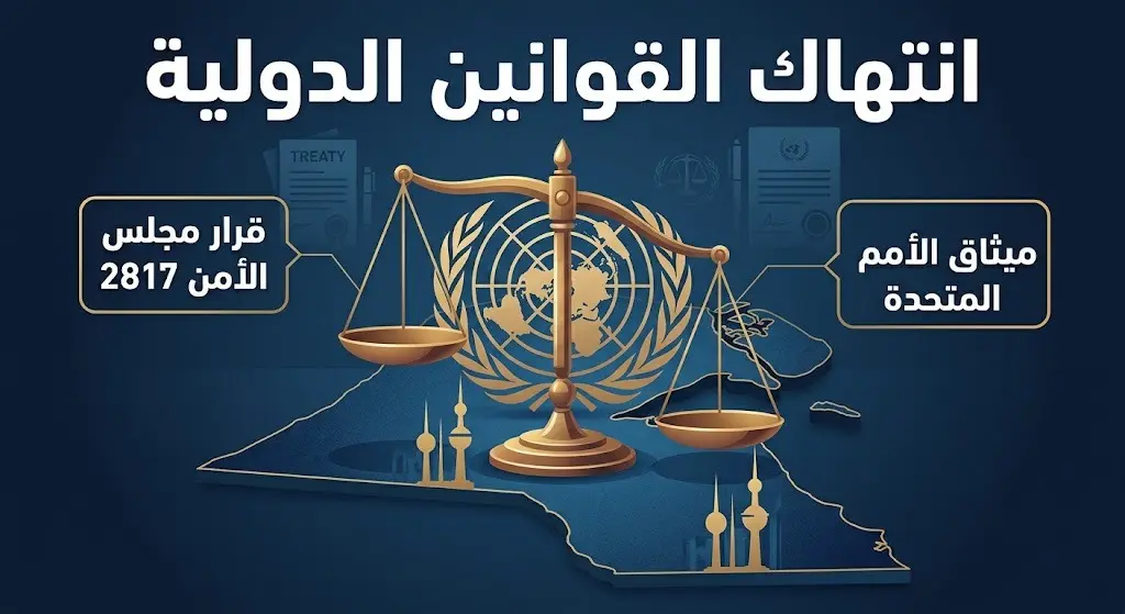 تصميم إنفوجرافيك يوضح انتهاك القوانين الدولية ومخالفة ميثاق الأمم المتحدة وقرار مجلس الأمن رقم 2817 بشأن التعديات على سيادة الكويت.
