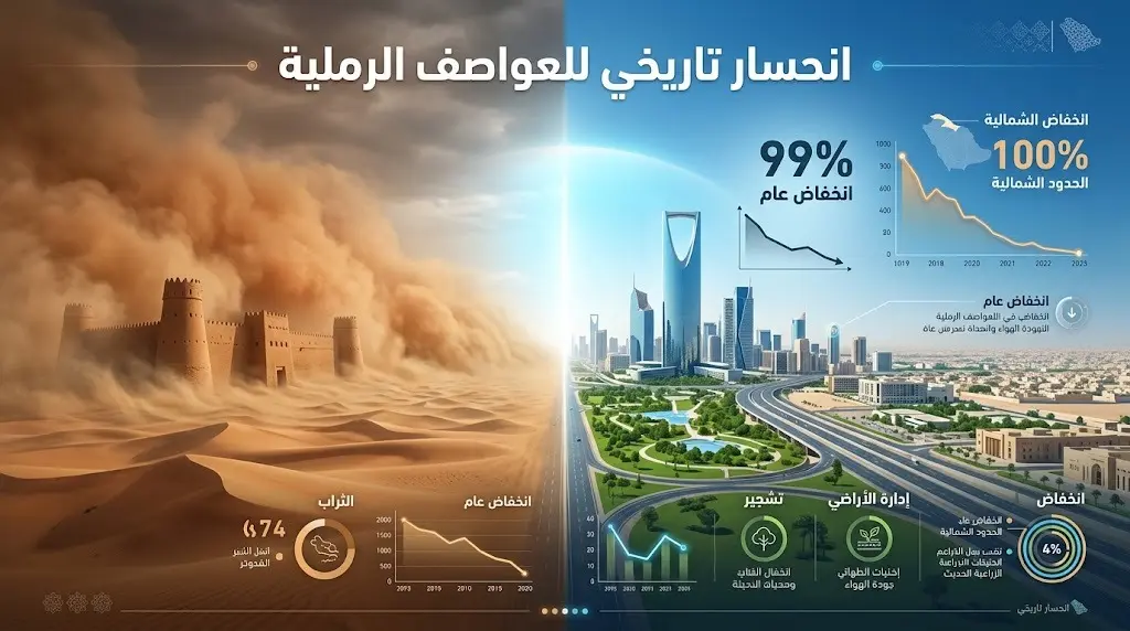 إنفوجرافيك يبرز الانحسار التاريخي للعواصف الرملية في السعودية بنسبة 99%، وانعدامها تماماً في منطقة الحدود الشمالية.