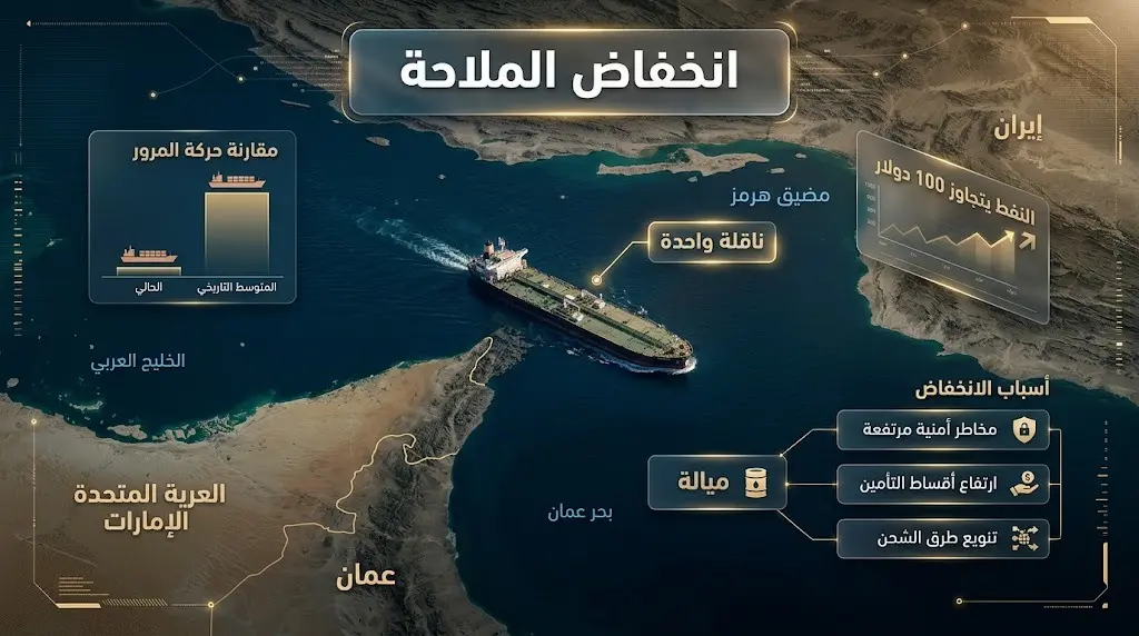 تصميم إنفوجرافيك يوضح تراجع حركة الملاحة في مضيق هرمز واقتصارها على ناقلة نفط واحدة وسط أزمة الأسعار.