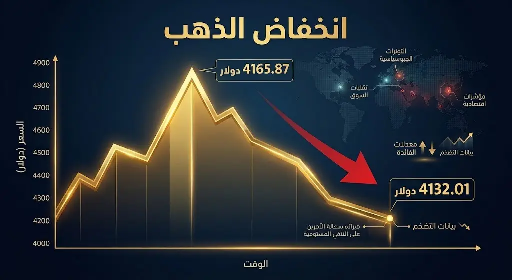 إنفوجرافيك يوضح التراجع الفوري لأسعار الذهب الفورية بعد بلوغها ذروة 4165 دولاراً للأونصة