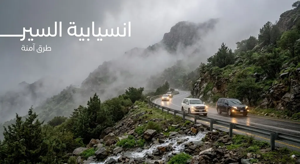 مشهد لسيارات تسير بانتظام وأمان على طريق جبلي متعرج في السودة وسط الضباب الكثيف وتدفق مياه الأمطار.