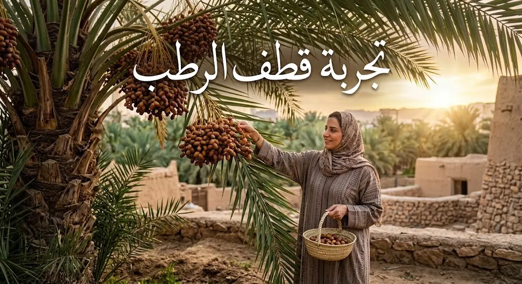 زائر يقوم بقطف الرطب الطازج من إحدى مزارع النخيل التاريخية في المدينة المنورة وسط أشعة الشمس الدافئة.