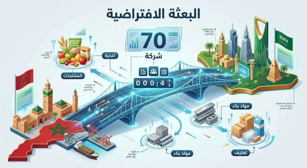 إنفوجرافيك يوضح انطلاق البعثة التجارية الافتراضية بين السعودية والمغرب بمشاركة 70 شركة ويستعرض قطاعات الأغذية والبناء والتغليف.