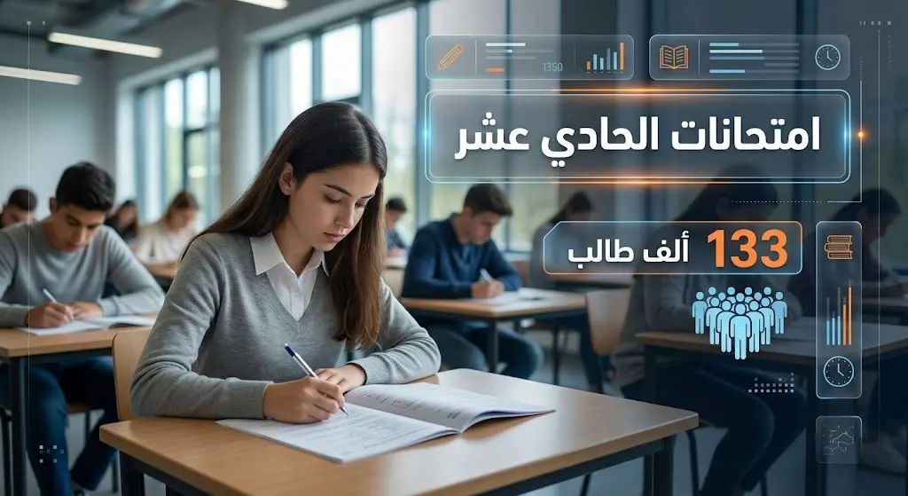 تصميم بصري يبرز انطلاق امتحانات الصف الحادي عشر بمشاركة واسعة للطلبة.