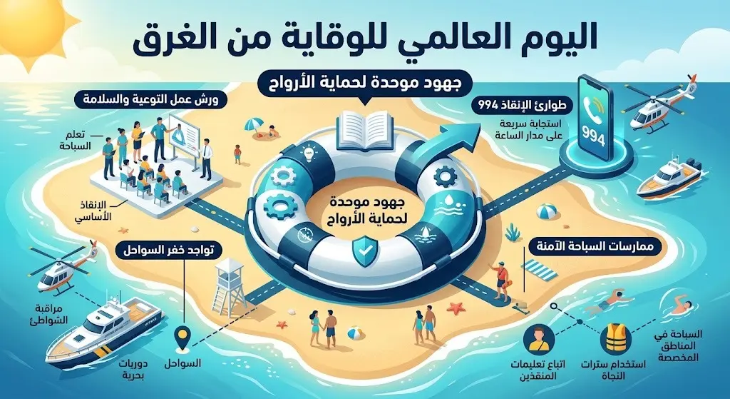 تصميم يوضح انطلاق فعاليات اليوم العالمي للوقاية من الغرق مع التركيز على طوق النجاة ورقم الطوارئ 994