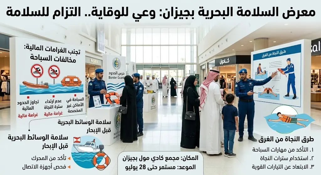 انطلاق معرض السلامة البحرية لحرس الحدود في جيزان لتوعية المتنزهين بمخاطر الغرق والغرامات المالية