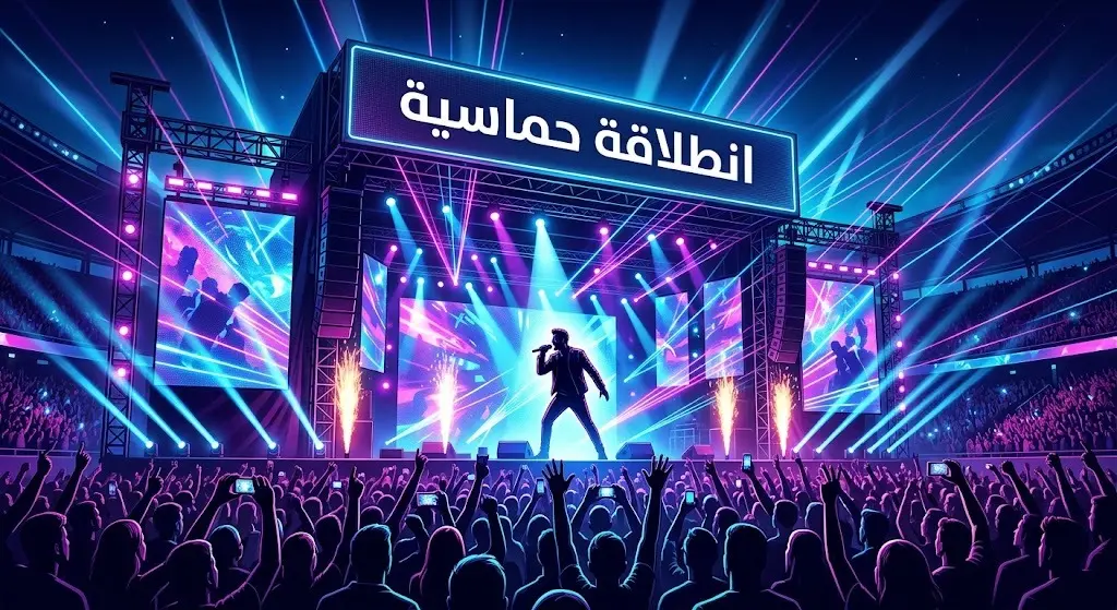 صورة ليلية تظهر مسرحاً ضخماً بأضواء مبهرة وجمهوراً غفيراً يتفاعل بحماس مع انطلاقة الحفل.
