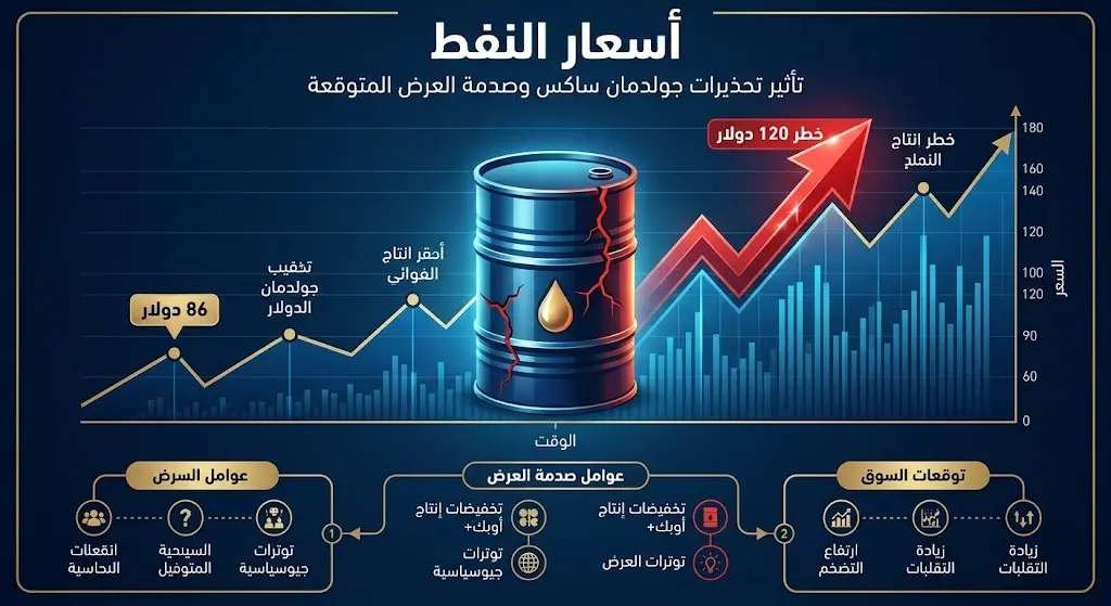 إنفوجرافيك مالي يوضح توقعات غولدمان ساكس لأسعار النفط واحتمالية وصولها إلى 120 دولاراً