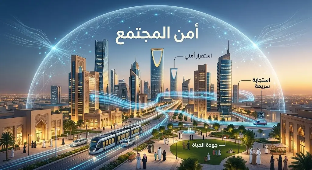 تصميم تعبيري يظهر مدينة سعودية حديثة محاطة بدرع رقمي مضيء يعكس الاستقرار الأمني وجودة الحياة المنبثقة من التعاون الأمني.