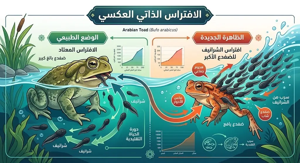 رسم توضيحي يقارن بين الافتراس الذاتي المعتاد لدى البرمائيات وظاهرة الافتراس الذاتي العكسي النادرة التي تم رصدها.