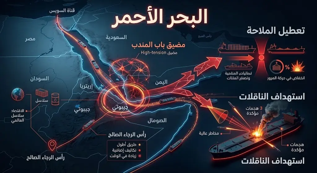 تصميم إنفوجرافيك يوضح خريطة البحر الأحمر ومواقع التوترات الأمنية واستهداف السفن التجارية مع نصوص عربية توضيحية.