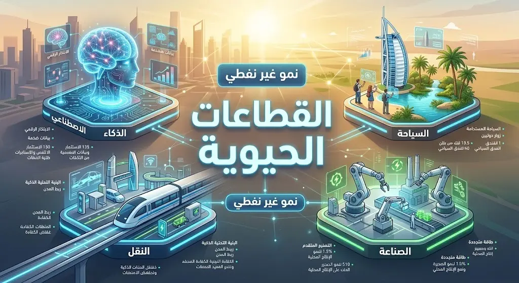 تصميم بصري إبداعي يربط بين قطاعات الذكاء الاصطناعي، السياحة، النقل، والصناعة في شبكة اقتصادية مضيئة.