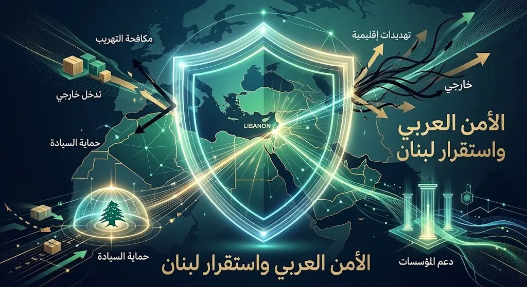 تصميم إنفوجرافيك يوضح انعكاس استقرار لبنان على حماية الأمن العربي ومكافحة التهديدات.
