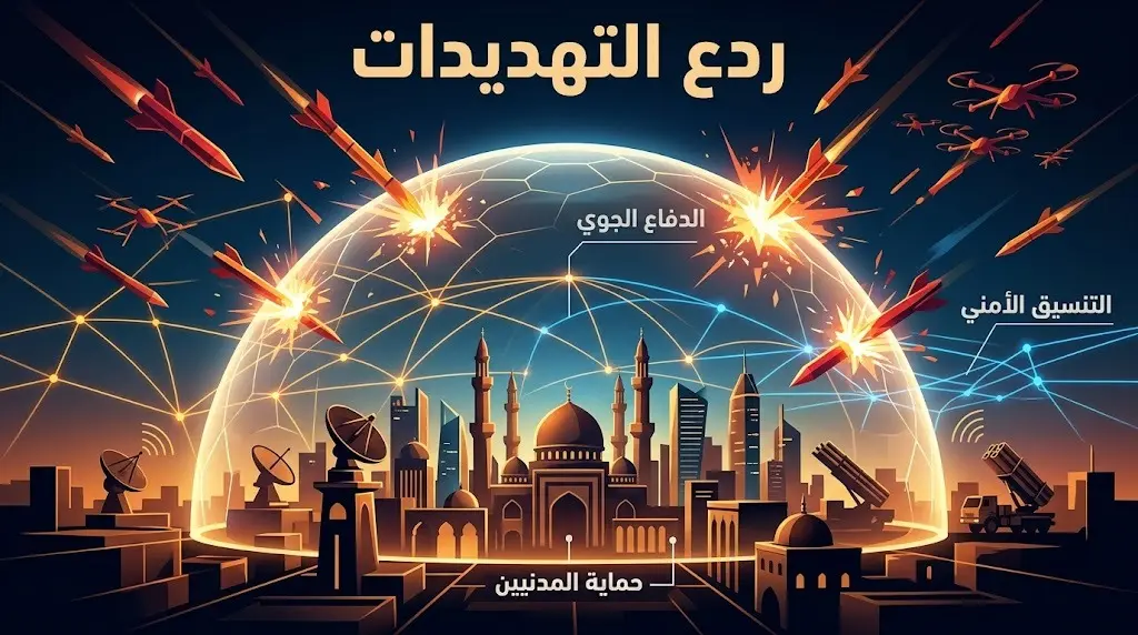 تصميم بصري درامي يصور درعاً دفاعياً متطوراً يعترض تهديدات جوية، مع خطوط شبكية مضيئة ترمز للتنسيق العسكري والردع.