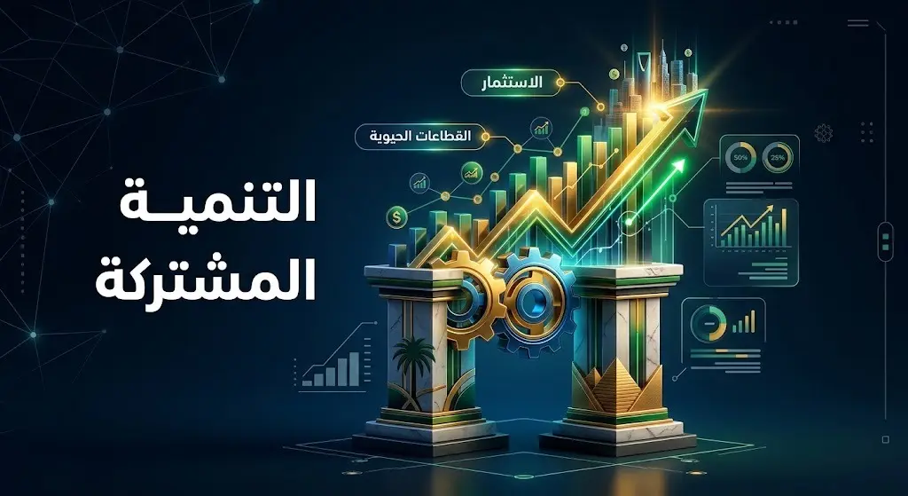 إنفوجرافيك تعبيري ثلاثي الأبعاد يوضح صعود مؤشرات التنمية الشاملة نتيجة التنسيق الاقتصادي والاستثماري المستمر