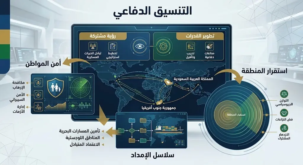 إنفوجرافيك احترافي يستعرض انعكاسات التنسيق الدفاعي الدولي على استقرار المنطقة وسلاسل الإمداد بتصميم عصري.