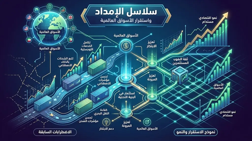 إنفوجرافيك احترافي يعبر عن استقرار الأسواق العالمية وانسيابية سلاسل الإمداد بفضل التنسيق الاستراتيجي.